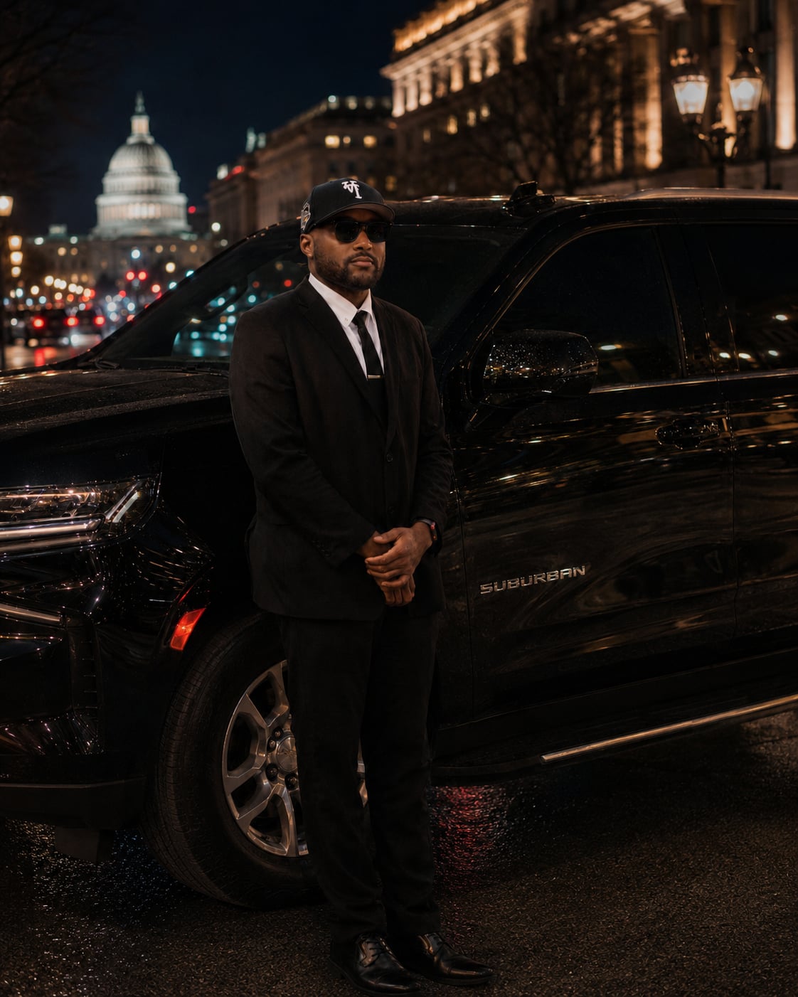 Wale in a black suit beside a black Suburban at night, the U.S. Capitol lit behind him