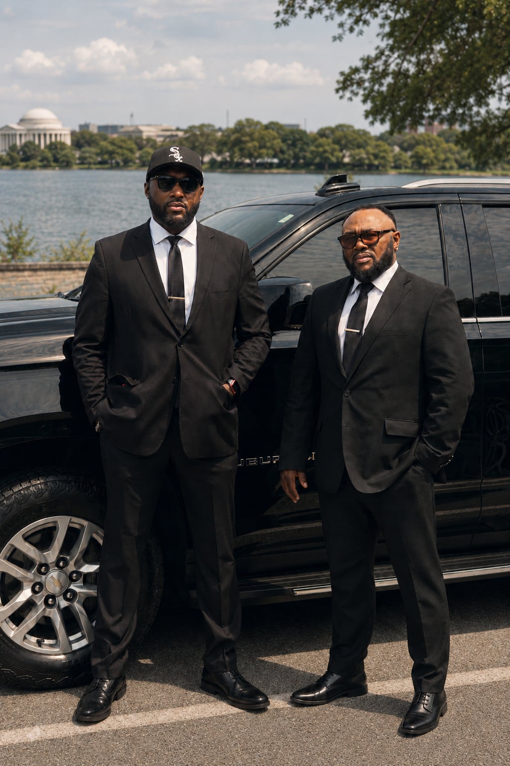 The HW team in black suits beside a black Suburban at the Tidal Basin, Jefferson Memorial behind them
